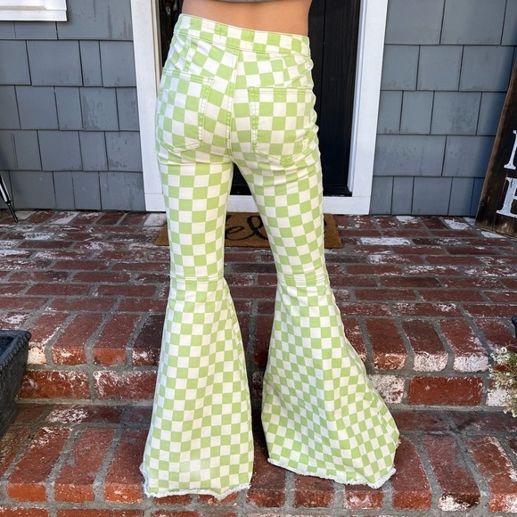 Free People Just Float On Flares Neon Green Checkerboard Bellbottom Jeans Sz 25 - Picture 3 of 15
